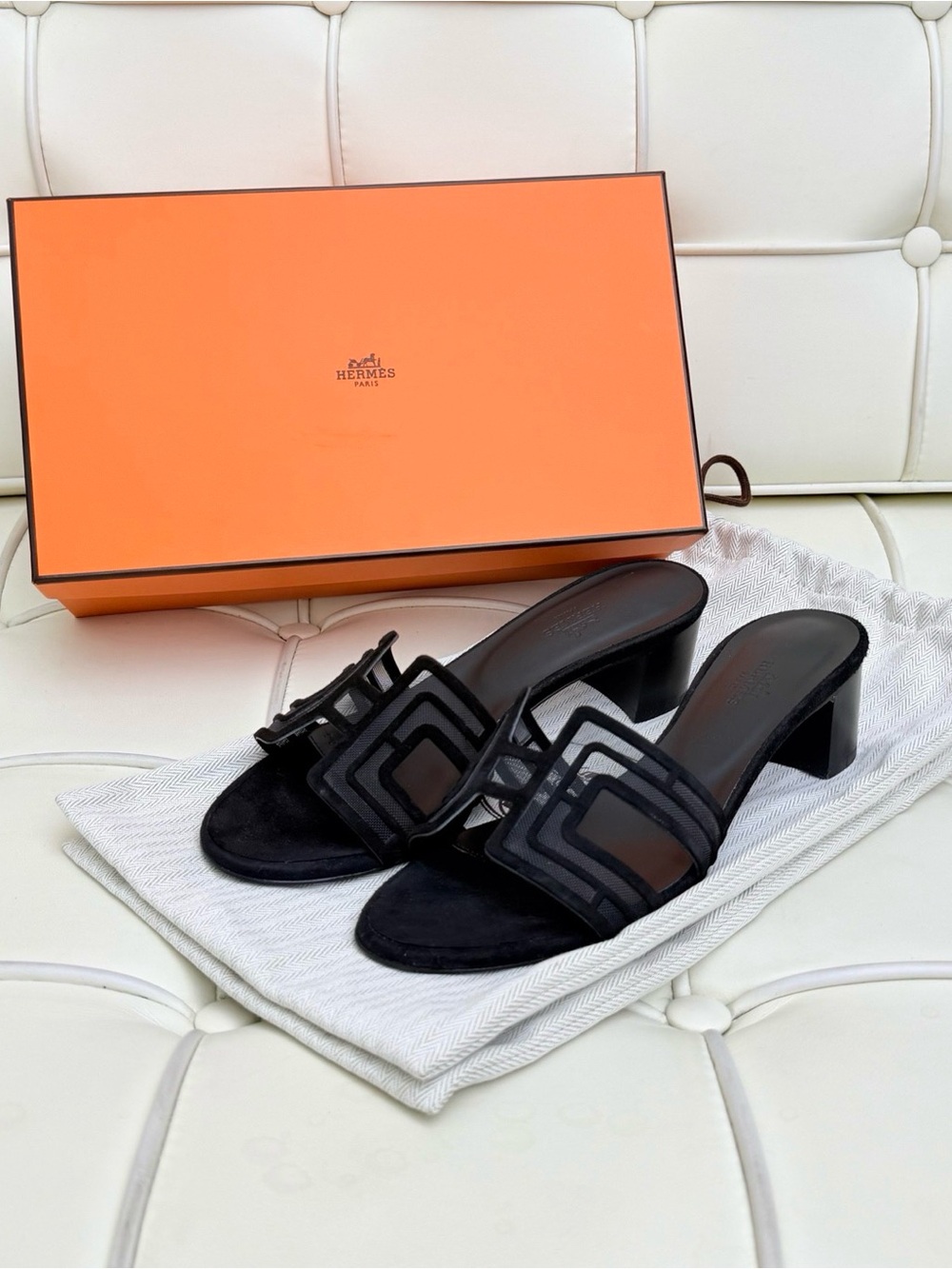 Hermes Black Suede Geometric Strap Block Heel Sandals